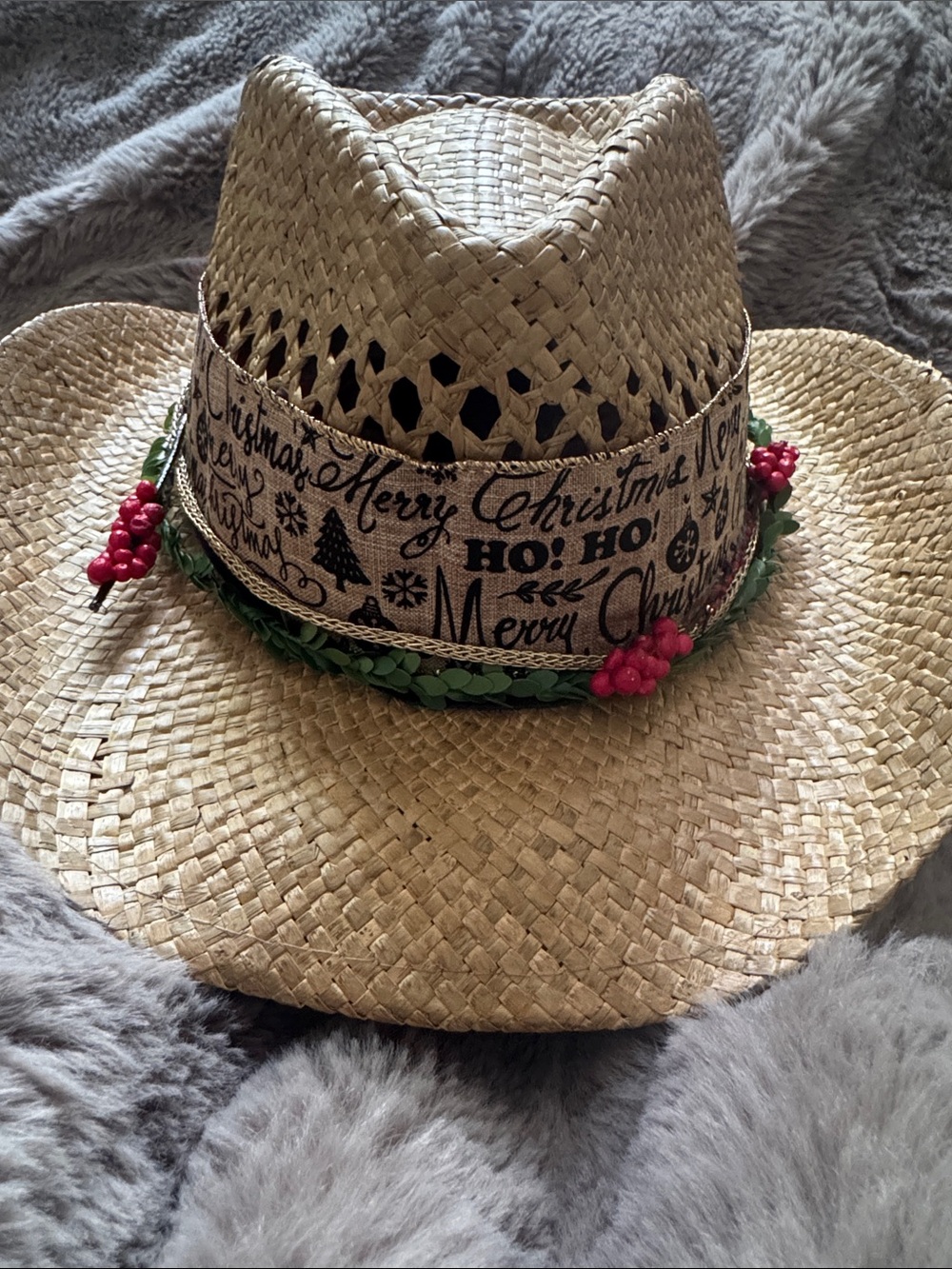 Straw Cowboy Hat with Holiday Trim - Red Berry Accents